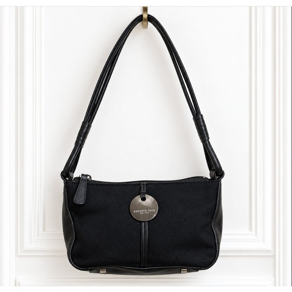 Kenneth Cole Black Nylon Shoulder Bag Silver Medallion Zip Purse Handbag